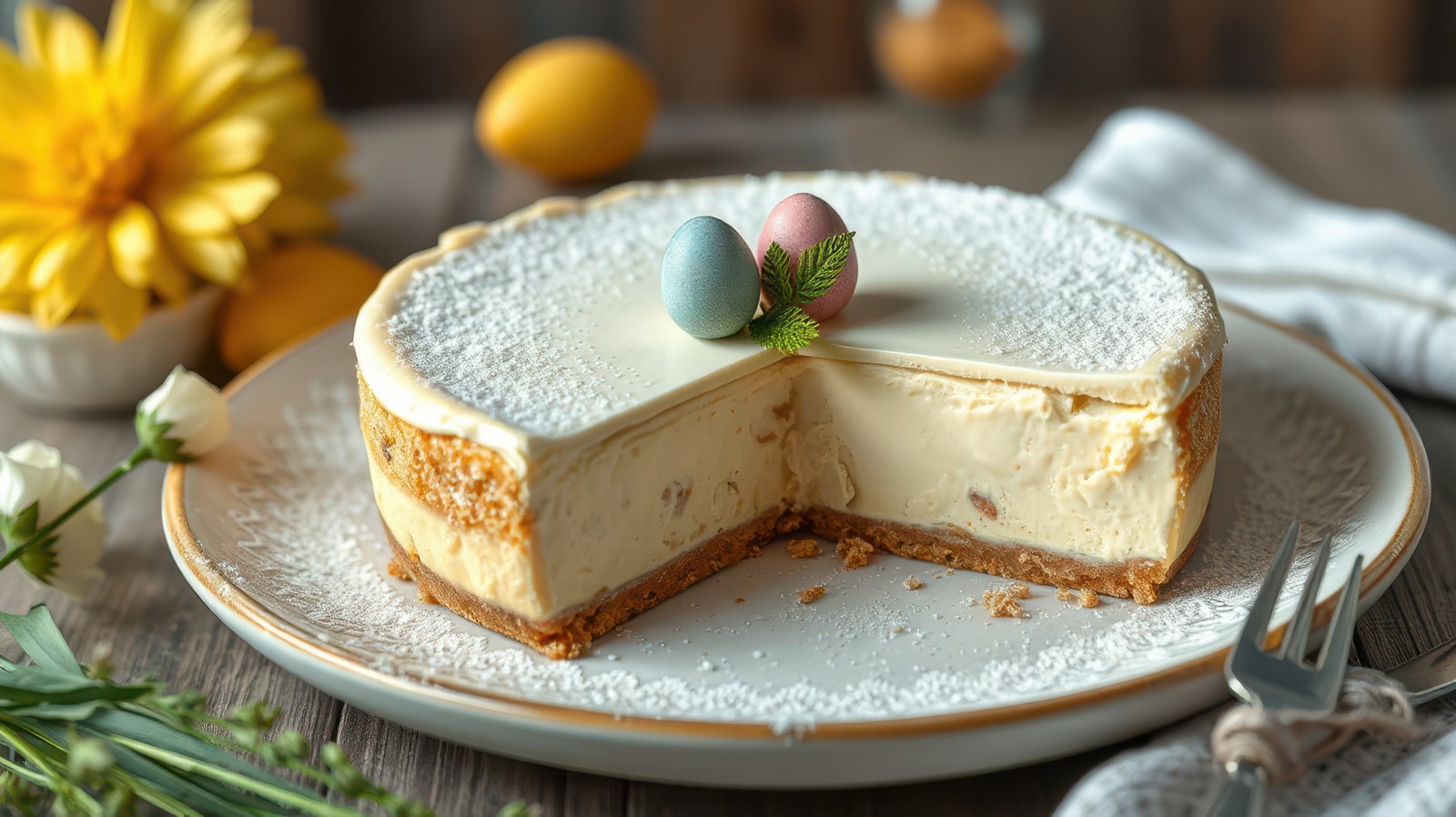 Beautiful spring dessert featuring a creamy cheesecake with pastel decorations and fresh flowers on a rustic table